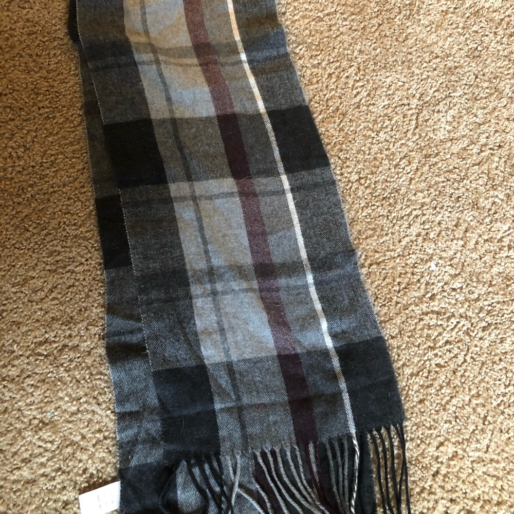 Black, grey, red striped scarf